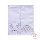 kit manta flanelada lisa com bordado coelha arco-íris