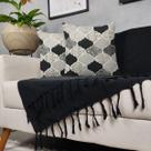 Kit Manta Para Sofá Preta + 2 Capas De Almofada Com Zíper