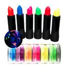 Kit Maquiagem Neon Luz Negra: 6 Batons Sortidos + 6 Pigmentos Coloridos - Maquiagem Carnaval Festa Balada Halloween