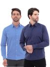 KIT Masculino 2 Peças - Camisa Social Tipo Linho Azul Marinho e Camisa Social Manga Longa Slim Azul Escuro