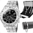 Kit Masculino Completo Relógio Analógico Prata Aço Inox com Corrente Grumet, Pulseira Prata e Pingente Cruz