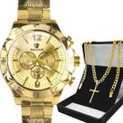 Kit Masculino Relógio Analógico Aço Inoxidável Banhado Dourado com Corrente 60cm e Pingente Crucifixo