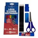 Kit Material Escolar 12 Cores Completo Borracha Apontador