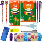 Kit Material Escolar Canetinha + Lapis De Cor + Estojo + Marca Texto + Caneta - Leo e Leo
