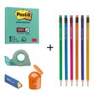 Kit Material Escolar Neon com 9 Itens + Bloco Post It