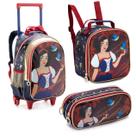 Kit Material Escolar Princesa Mochila de Rodinhas + Lancheira Térmica + Estojo Porta Caneta Giz Lápis Menina Criança Aulas Resistente