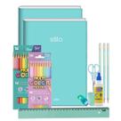 Kit Material Escolar Volta as Aulas Infantil Menina Tons Pasteis 32pcs Caderno Brochura Lápis Preto e Cor Borracha Régua