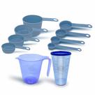 Kit Medida 10 Peças Jarra 500ml Azul Copo C/Tampa (Azul) Xicara Jeans Colher Jeans Panelinha Rosa