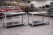 Kit Mesa Inox 304 Dupla e Tripla 100x50 Bancada Cozinha Industrial com Prateleiras