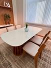 Kit Mesa Jantar Oval Dalla Costa 4 Cadeiras MDF Freijó Bege Tela Design Moderno