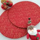 Kit Mesa Posta 04 Bases MDF 35CM + 04 Capas de Sousplat Em Tecido Natal Caracol Vermelho Tricoline 100% Algodão