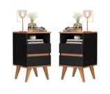 kit Mesas De Cabeceira Retrô Pés Palito 2 Gavetas e 1 Nicho - Pop - Preto com nature