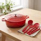 Kit Mimo Style Caçarola Panela Baixa Cerâmica Antiaderente 28cm Vermelha 4,6L Fundo Triplo e Jogo Completo de Utensílios de Silicone