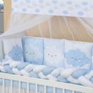 Kit Mini Berço com 12 peças Saia de Berço Bebê Menino Nuvem Azul