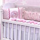 Kit Mini Berço Trança Unicornio Rosa 6 peças Algodão