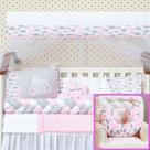 Kit Mini Berço Trançado Nuvem Rosa Chuva de Amor + Almofada Amamentação 12 peças