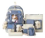 Kit Mochila Bolsa Coreana Escolar 5 Peças Kawaii Azul Liso