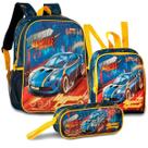 Kit Mochila Bolsa Escolar Infantil Carrinho Corrida + Lancheira e Estojo