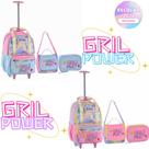 Kit Mochila Carrinho Holográfica Girl Power Escolar Juvenil Passeio Escolar Metalizado Lancheira Tér