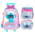 Kit mochila carrinho infantil 2 em 1 17 , lancheira térmica e estojo escolar box em material acetinado e holográfico Stitch Disney Luxcel - roxo