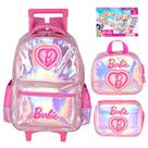 Kit mochila carrinho infantil 2 em 1, lancheira térmica e estojo escolar box pink holográfico Barbie Mattel Luxcel Kit mochila carrinho infantil 2 em 1, lancheira térmica e estojo escolar box pink holográfico Barbie Mattel Luxcel