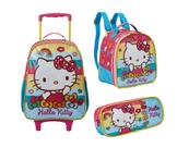 Kit Mochila Com Carrinho e Rodas com Lancheira e Estojo Hello Kitty