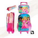 Kit Mochila Com Rodinhas Infantil Escolar com Lancheira e Estojo 3 peças Estampa Princesas Aranha Carrinho