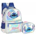Kit Mochila Costas e Lancheira Stitch Prateada Holográfica e Brilhante