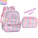 Kit Mochila Costas Listras de Arco-íris Com Chaveiro Pompom Com Estojo Box Tie Dye Juvenil