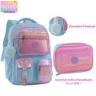 Kit Mochila Costas Material Brilho Metalizado Com Chaveiro Pompom Com Estojo Box Kit Mochila Costas Material Brilho Metalizado Com Chaveiro Pompom Com Estojo Box