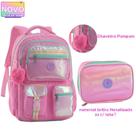 Kit Mochila Costas Material Brilho Metalizado Com Chaveiro Pompom Com Estojo Box