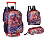 Kit Mochila de Carrinho + Lancheira + Estojo Clio TX23012KIT Dinossauro T-Rex Attack