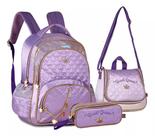 Kit Mochila de Costas G + Lancheira + Estojo Sweet Queen Cor:Lilás