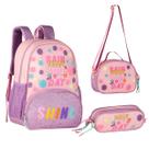 Kit Mochila De Costas Reforçada Com Lancheira Térmica De Ombro E Estojo Duplo Com Pompom Em Relevo Escolar Infantil Clio