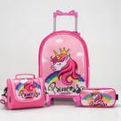 Kit Mochila de Rodinha Escolar Unicórnio Princesa Infantil Feminino + Lancheira Transversal + Estojo Duplo Menina Cristal