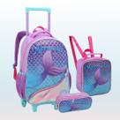 Kit Mochila de Rodinha Infantil Escolar Feminina Sereia Princesa Lancheira Térmica e Estojo Duplo