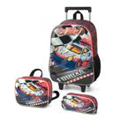 Kit Mochila de Rodinhas Escolar Infantil + Lancheira + Estojo Força 4 Carros Corrida Forza