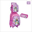 kit Mochila de Rodinhas + Estojo + Lancheira BRW - Magic - Rosa/Roxo