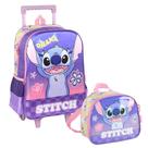 Kit Mochila De Rodinhas Lancheira Escolar Stitch Florido
