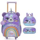 Kit Mochila de Rodinhas + Lancheira + Estojo Pack Me Urso Paetê PACIFIC