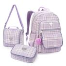 Kit Mochila Escolar com Estojo Box e Lancheira Térmica Lilás Colorido Material Pompom Fofo Aula