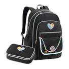 Kit Mochila Escolar com Estojo Box Preto Bolso Lateral Aula Alça Corrente Colorido Lápis Caneta