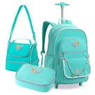 Kit Mochila Escolar com Rodas e Estojo Box Lancheira Azul Colorido Material Aula Fofo Lápis Caneta Kit Mochila Escolar com Rodas e Estojo Box Lancheira Azul Colorido Material Aula Fofo Lápis Caneta