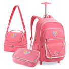 Kit Mochila Escolar com Rodas e Estojo Box Lancheira Rosa Material Lápis Caneta Lanche Colorido