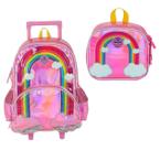 Kit Mochila Escolar de Carrinho Infantil Sem Alça + Lancheira Luxcel Arco íris Cor:Pink