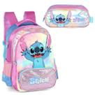 Kit Mochila Escolar de Costas Lilo e Stitch Roxo Com Estojo