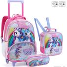 Kit Mochila Escolar de Rodinhas Lancheira Estojo Femina Sweet Pony Unicornio Fofos Poney Rosa Lilas Seanite