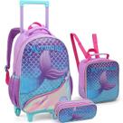 Kit Mochila Escolar de Rodinhas Lancheira Estojo Feminina Mermaids Princesa Sereia Roxa Seanite