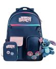 Kit Mochila Escolar Feminina Stitch Azul e Estojo Box Feminino Grande Stitch Azul