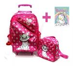 Kit Mochila Escolar Gata Marie Florzinha Rodas G + Lancheira